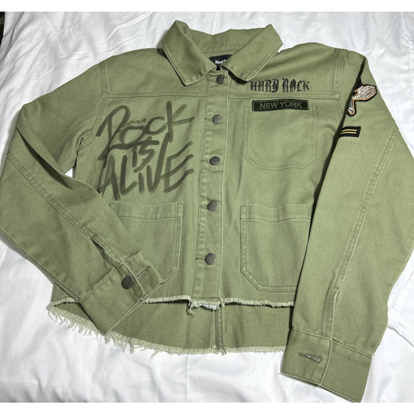 Hard Rock Ibiza Stones Denim Military Crop Jacket Graffiti Patches Womens Medium - Picture 3 of 14